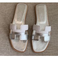 Hermes Oran Flat Slipper Sandals White/Silver 2020