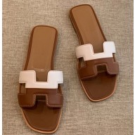 Hermes Oran Flat Slipper Sandals White/Brown 2020