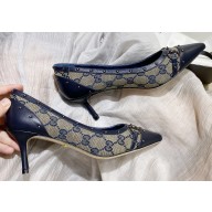 Gucci Heel 6.5cm Studded GG Canvas/Leather Pumps Blue with Horsebit