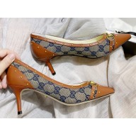 Gucci Heel 6.5cm Studded GG Canvas/Leather Pumps Brown with Horsebit