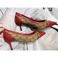 Gucci Heel 6.5cm Studded GG Canvas/Leather Pumps Red with Horsebit