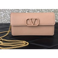 Valentino VSLING Grainy Calfskin Wallet with Chain Strap Bag Nude 2020