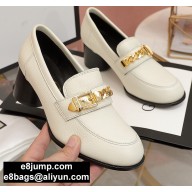 Gucci Textured Leather Mid-heel Loafers White with Chain 2020