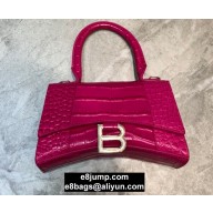 Balenciaga Hourglass XS Top Handle Bag in Crocodile Embossed Calfskin Fuchsia/Silver