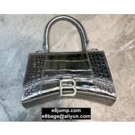 Balenciaga Hourglass XS Top Handle Bag in Crocodile Embossed Calfskin Silver