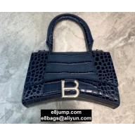 Balenciaga Hourglass XS Top Handle Bag in Crocodile Embossed Calfskin Blue/Silver