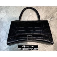 Balenciaga Hourglass Medium Top Handle Bag in Crocodile Embossed Calfskin So Black