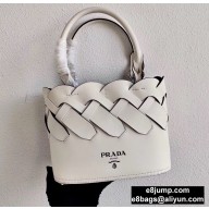 Prada Leather Tress Tote Bag with Woven Motif 1BG318 White 2020
