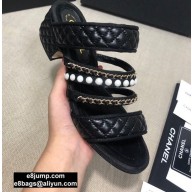 Chanel Heel 4.5cm Lambskin Chain and Pearl Mules Black 2020