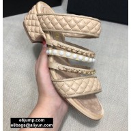 Chanel Heel 4.5cm Lambskin Chain and Pearl Mules Beige 2020