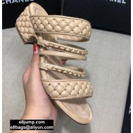 Chanel Heel 4.5cm Lambskin Studs Chain Mules Beige 2020
