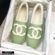 Chanel Shearling Fur Lining CC Logo Espadrilles Green 2020