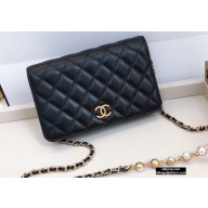 Chanel Wallet on Chain WOC Bag Black with Pearls Chain 2020