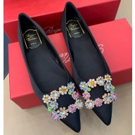 Roger Vivier Flower Strass Buckle Ballerinas in Satin Black 01