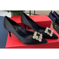 Roger Vivier Heel 6.5cm Flower Strass Buckle Pumps in Satin Black 01