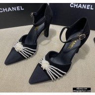 Chanel Heel 7.5cm Pearl Bow Grosgrain Pumps with Straps G36466 Suede Black 2020