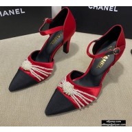 Chanel Heel 7.5cm Pearl Bow Satin and Grosgrain Pumps with Straps G36466 Red 2020