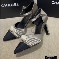 Chanel Heel 7.5cm Pearl Bow Satin and Grosgrain Pumps with Straps G36466 Gray 2020