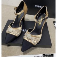 Chanel Heel 7.5cm Pearl Bow Satin and Grosgrain Pumps with Straps G36466 Gold 2020