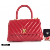 Chanel Waxy Leather Coco Handle Chevron Small Flap Bag Red with Top Handle A92990