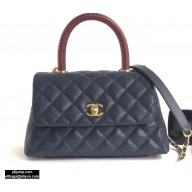 Chanel Coco Handle Small Flap Bag Navy Blue/Burgundy Lizard with Top Handle A92990