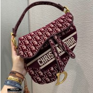 Dior SADDLE BAG in Oblique Embroidered Velvet Burgundy 2020