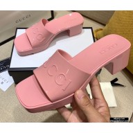 Gucci Heel 5.5cm Platform 2.5cm Embossed Logo Rubber Slide Sandals Pink 2020