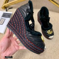 Gucci Shearling Leather Platform 10cm Espadrilles Sandals Black/Red 2020