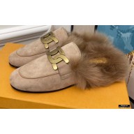 Tod's Kate Fur Slippers in leather Suede Beige