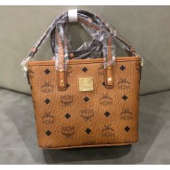MCM Visetos Mini Anya Top Zip Shopper Tote Bag Cognac