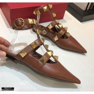 Valentino Calfskin Roman Stud Ballet Flats Coffee 2021