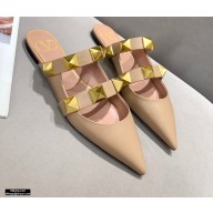 Valentino Calfskin Roman Stud Flat Mules Nude 2021