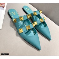 Valentino Calfskin Roman Stud Flat Mules Blue 2021