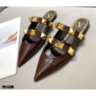 Valentino Calfskin Roman Stud Flat Mules Coffee 2021