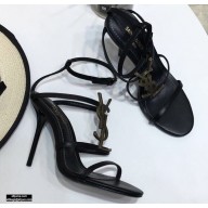 Saint Laurent Cassandra Sandals Black with Monogram YSL Logo Heel 10.5cm