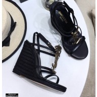Saint Laurent Cassandra Wedge Espadrilles Black with Gold Palm Monogram YSL Logo Heel 10.5cm