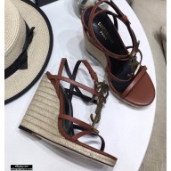 Saint Laurent Cassandra Wedge Espadrilles Brown with Gold Palm Monogram YSL Logo Heel 10.5cm
