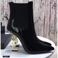 Saint Laurent Opyum Ankle Boots Patent Black with Gold Interlocking YSL Logo Heel 11cm