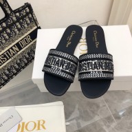 dior Black Cotton Embroidery with Metallic Thread and Silver-Tone Strass dway slides 2022