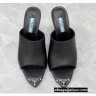 Prada Heel 9cm triangle logo Brushed leather slides Black 2022