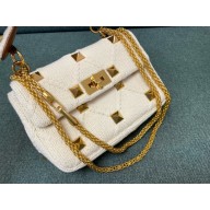 Valentino Handmade Knitted Bag for Women Chain Shoulder Bag Design Large Rivet Decoration Handbag white 2024