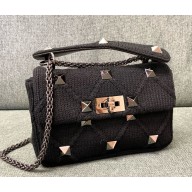 Valentino Handmade Knitted Bag for Women Chain Shoulder Bag Design Large Rivet Decoration Handbag black 2024
