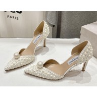 Jimmy Choo Cream Faux Pearl and Satin D'orsay Pumps heel 8.5cm 2024