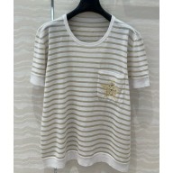 Dior Marinière Short-Sleeved Top Gold-Tone and White Blended Linen, Cashmere and Silk Knit with Gold-Tone Dior Around the World Motif 2025