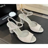 Chanel Sandals Suede Kidskin, Imitation Pearls, Strass & Metal Light Gray G46097 heel 8.5cm 2025