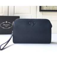Prada Saffiano Leather Pouch Clutch Bag 2VF056 Enameled metal triangle logo Blue/Silver 2025