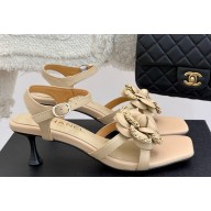 Chanel women's Camellia leather sandals Beige heel 5cm 2025