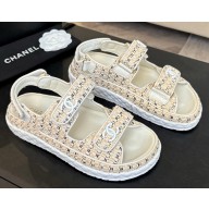 Chanel women's knit flat sandals white 2025