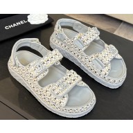 Chanel women's knit flat sandals grey 2025