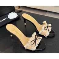 Chanel Beige Fabric Trim Bow Slide Sandals heel 8cm 2025